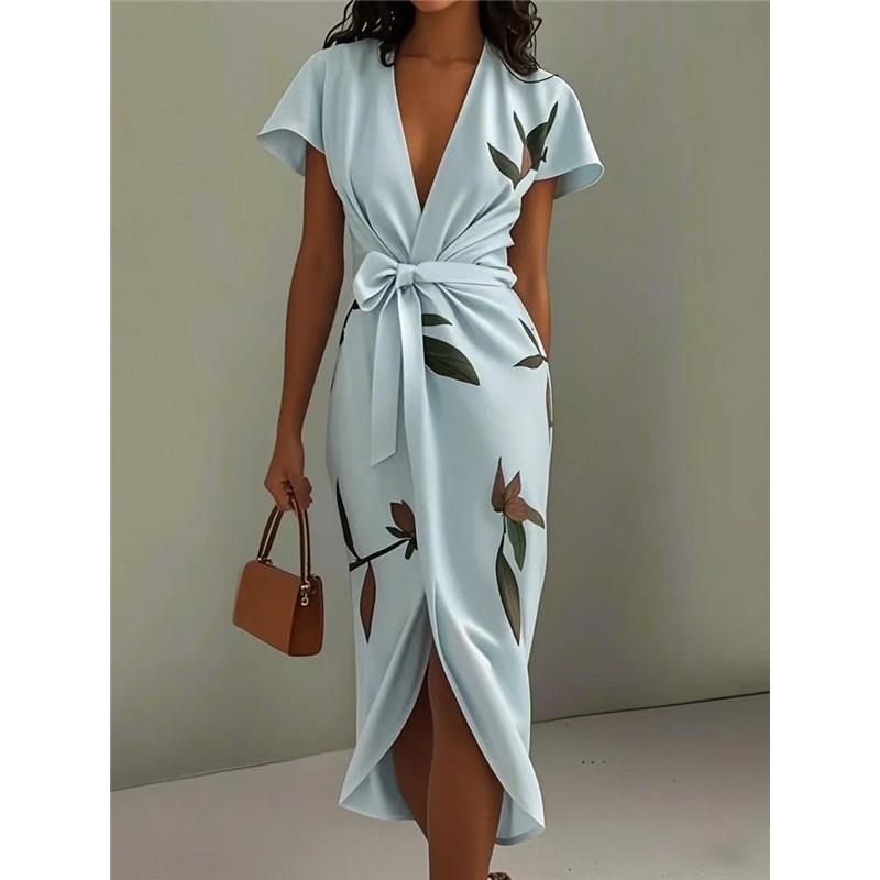 European And American Style Ladies Summer New Satin Printed Belted Dress Silky V-neck Cool Waist Slim Long Skirt