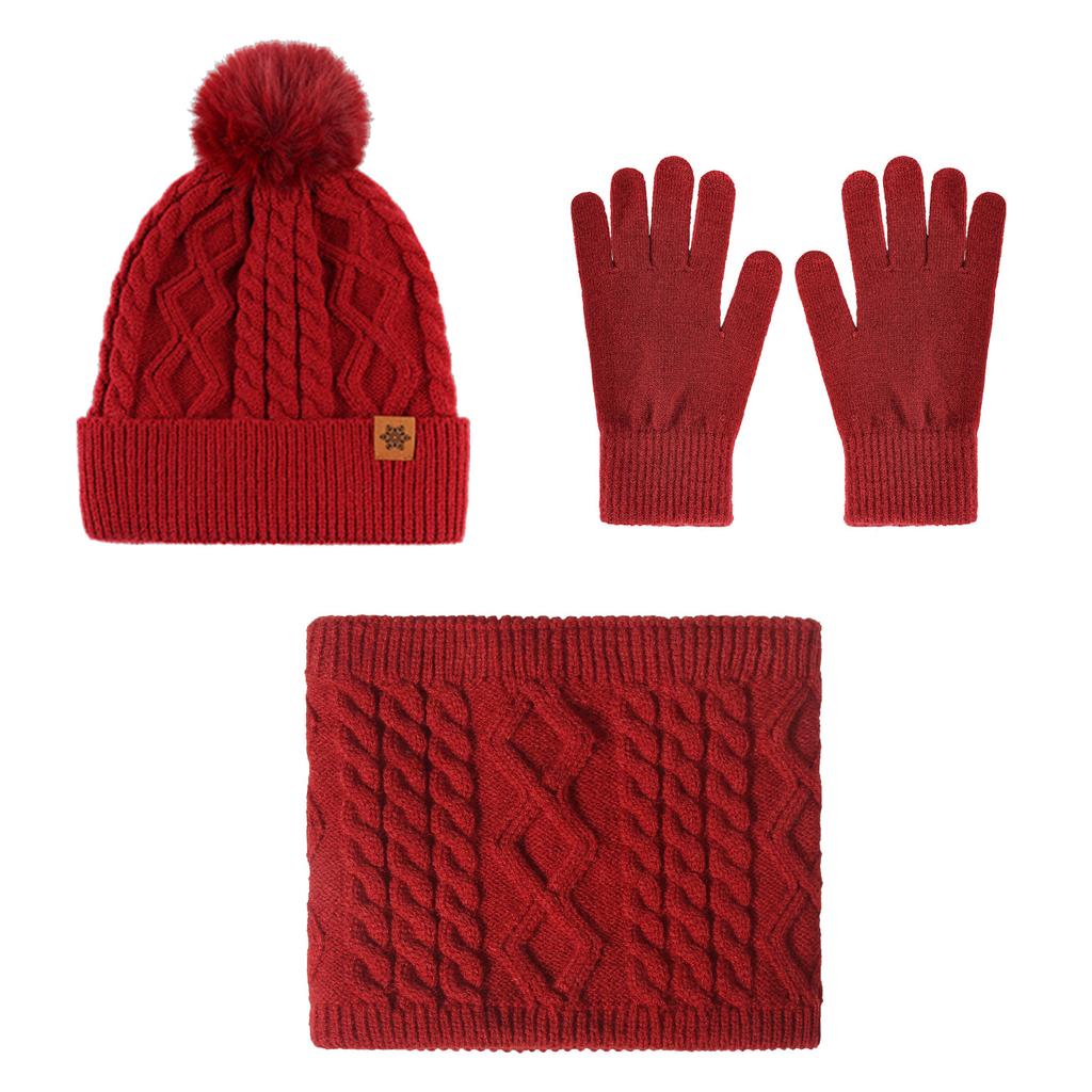 Hat, scarf and gloves three-piece set, winter outdoor riding scarf double-layer fleece and thicker, knitted hat