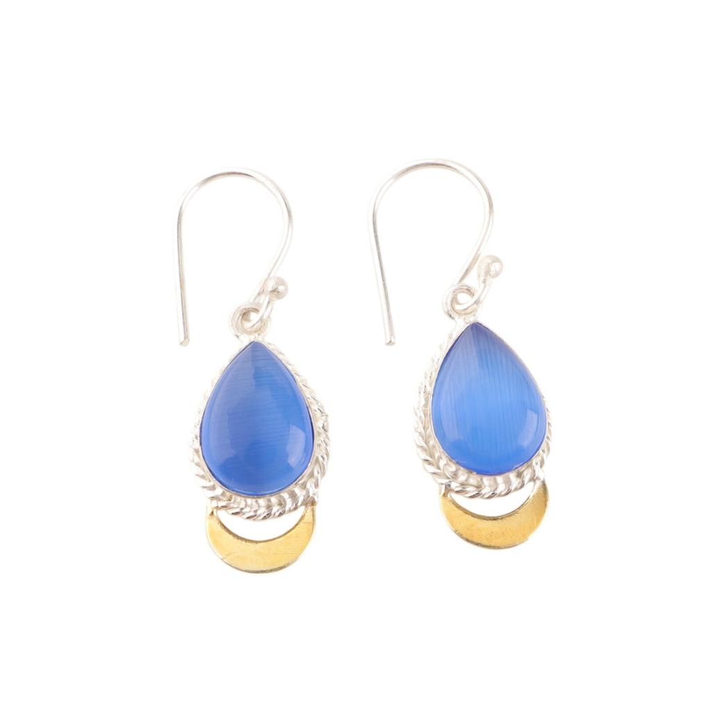 Dark Blue Cat's Eye Gemstone 925 Sterling Silver Jewelry Handmade Earrings 1.5" EE-162-37