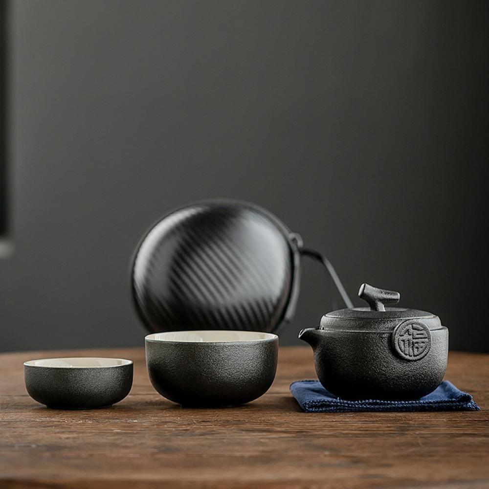 Minimalist 2 in 1 Tea Ceremony Teapot Set Ceramic Mini Travel Teapot with Storage Bag Chinese Teapot Set Outdoor