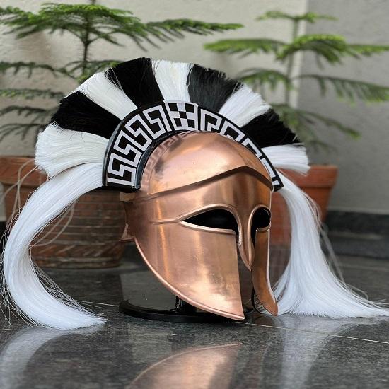 Handmade Bronze Spartan Helmet Greek Warrior Helmet with Black White Crest Cosplay Display Armor
