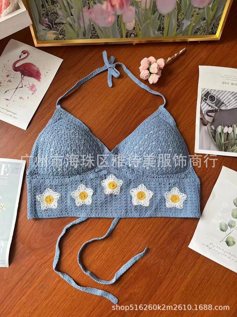 New fashionable and sexy tube top with small suspenders for women's summer seaside beach lace-up hollow knitted neck top