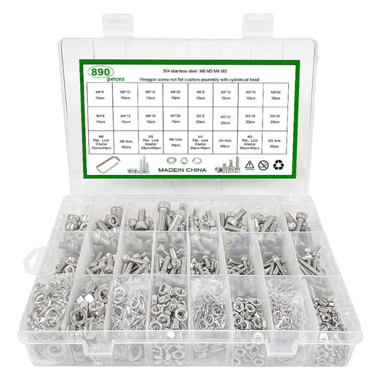 

Набор ассортиментных метрических винтов 890 шт. M2M3M4 Нержавеющая сталь Винты с шестигранной головкой под ключ и гайки с плоскими шайбами 1
