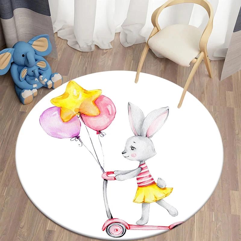 Cartoon Rabbit Girl Animal Flowers Round Carpet Cute Bunny Mouse Circle Rug Home Bedroom Living Room Floor Mat Chair Pad Doormat