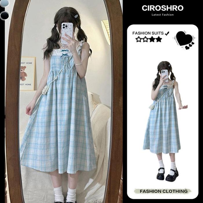

Salt girl super good-looking fake two-piece dress summer casual plaid sweet little man wearing suspender skirt woman S