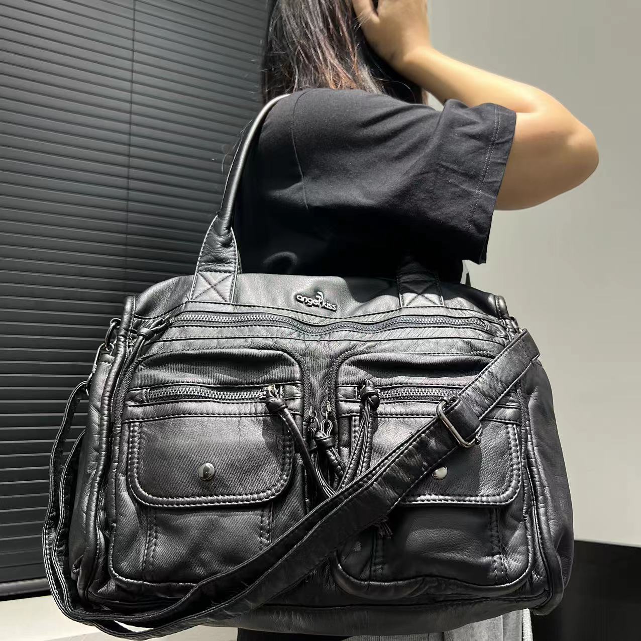 Винтажная женская сумка-тоут с множеством карманов Hottie Maillard Мотоциклетная сумка чёрный