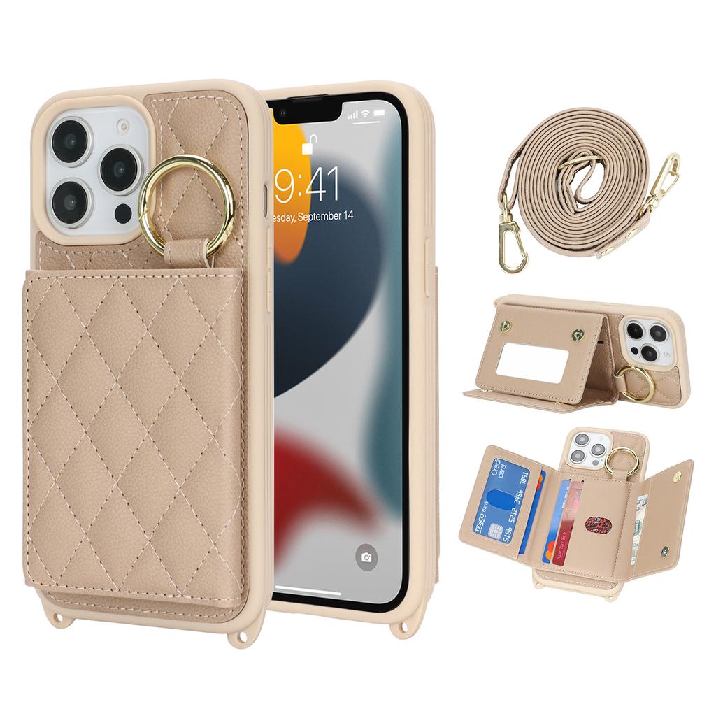 For iPhone 13 Pro Max/12 Pro Max Case with Lanyard/Mirror/Card Holder Grids Pattern RFID Blocking Phone Cover