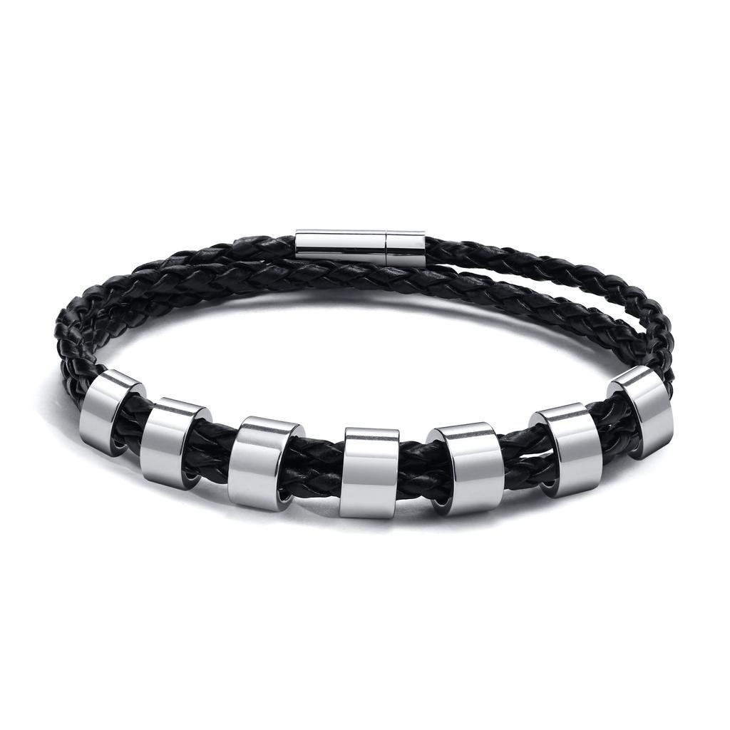 Vnox Free Custom Name Mens Braided Genuine Leather Bracelet Gifts Jewelry,Stainless Steel Beads Charm with Family Names,Dad Gift