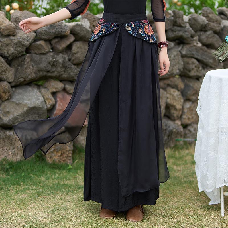 

Women s Retro High Waist Embroidered Mesh Wide-Leg Trousers One Size чорний