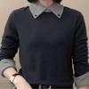 320 Autumn Winter Color Block Long Sleeve Lapel Slimming Top for Women