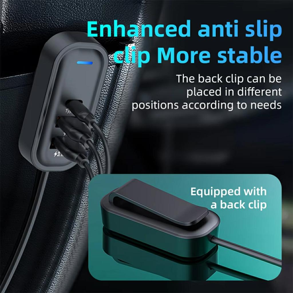 PD 30W Fast Charging Adapter with 1m Extension Cable Rear Seat Multi-Port Car Charger