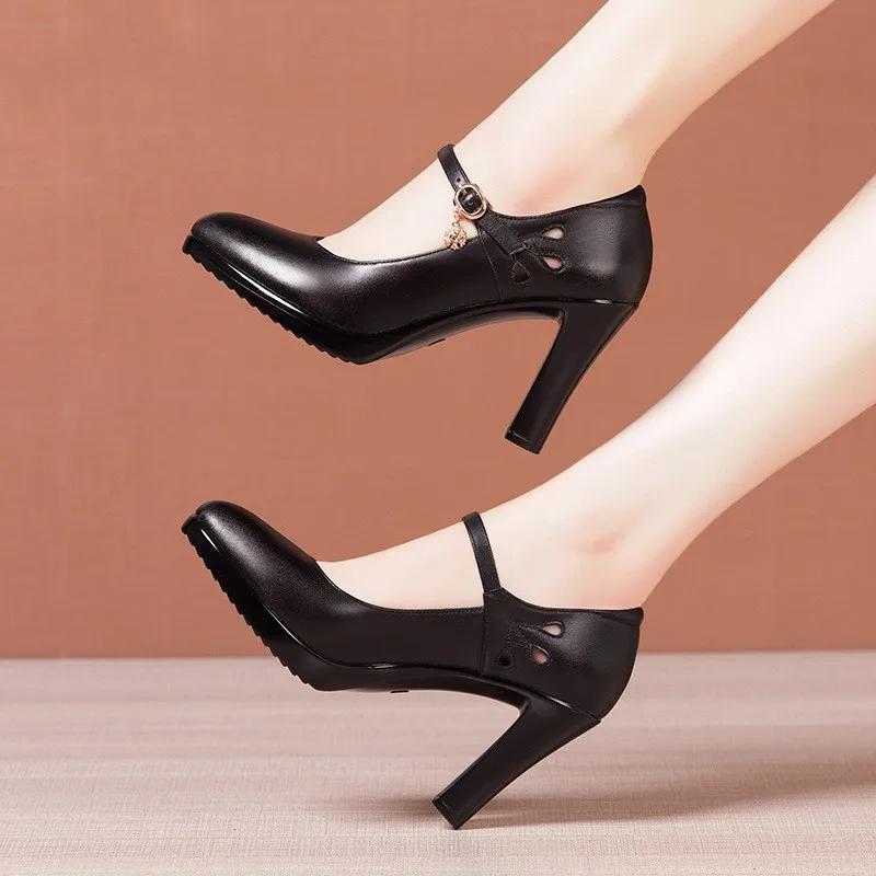 6 8 10cm Small Size 32-43 Shallow Genuine Leather Shoes Women Pumps 2025 Block High Heels Shoes Platform for Office Model Mom