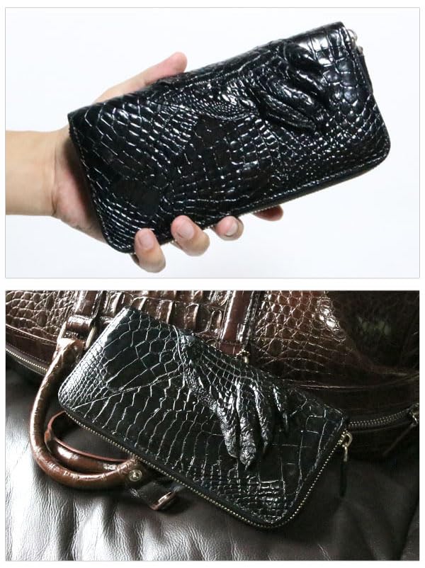 Bercute Brown Crocodile Long Wallet for Authentic Enamel Crocodile Large Genuine Round Large Popular Men, Leather, Wallet, Leather, Zipper, Slim,