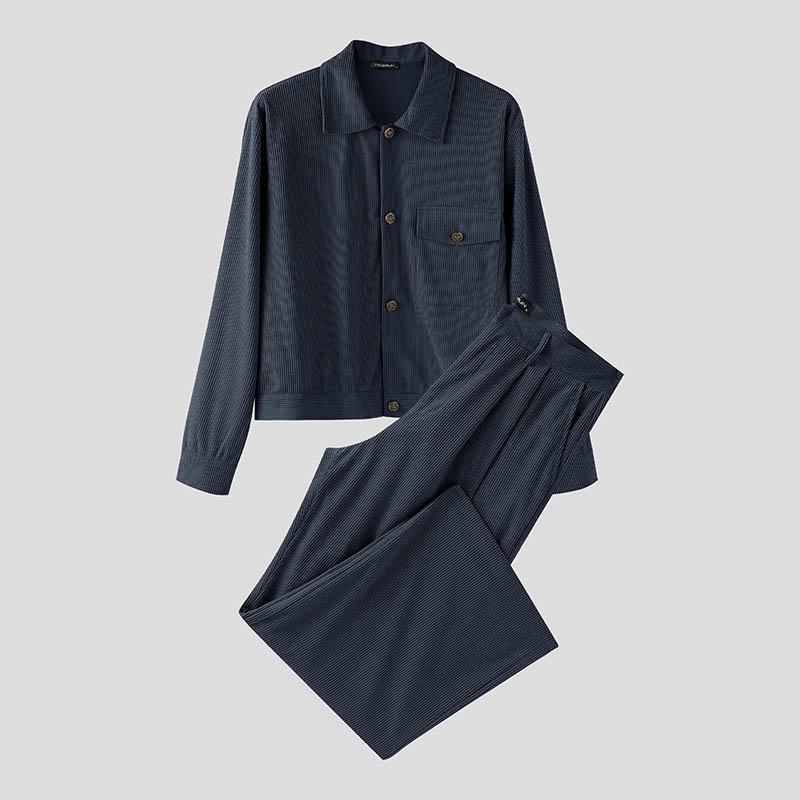 INCERUN 2PCS Autumn Men Lapel Neck Corduroy Long Sleeve Shirt Long Straight Pants Sets Outfits