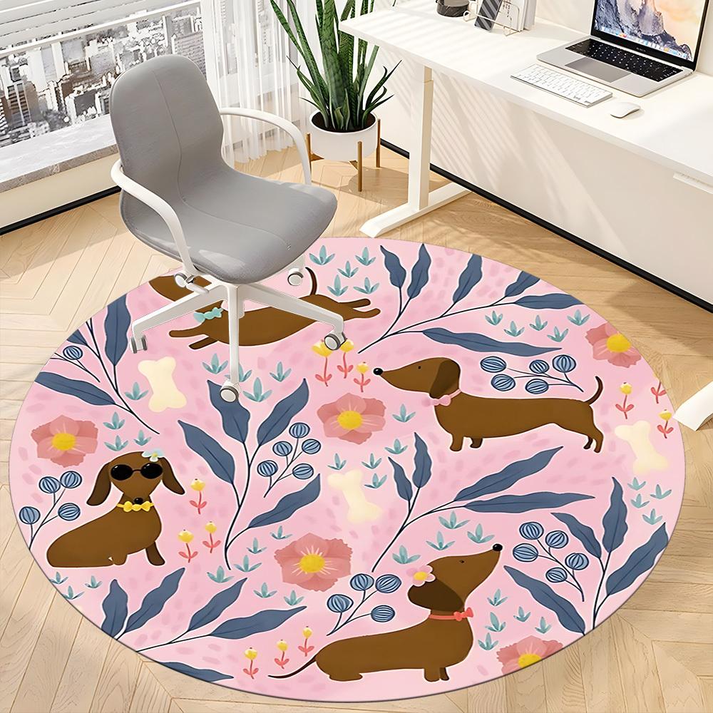 1PC Dachshund Floral Office Round Area Rug, Mat Suitable For Office, Under Office Chairs Bedroom Living Room Home Decor, Room Deco