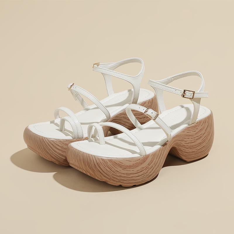 Wood grain thick-soled wedge heel sandals women's summer new muffin bottom small man height increase thin strap set toe Roman women's sandals
