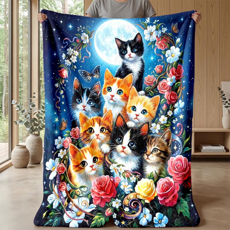 Magical Night with Rabbit and Cat Theme Blanket Lightweight Warm Flannel Blanket Decorative Throw Blanket for Home Decoration