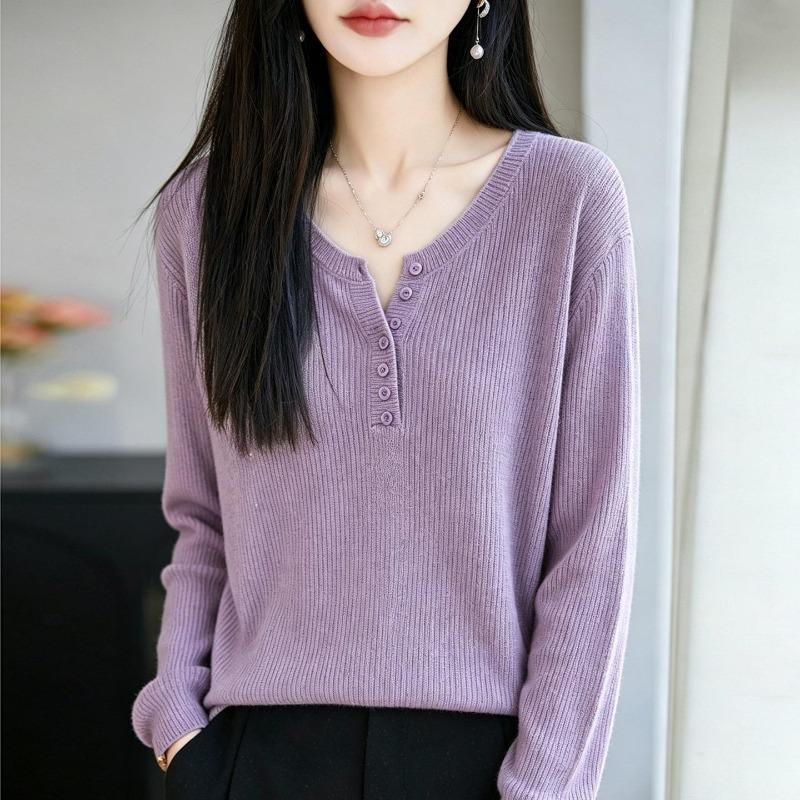 V-neck Knitted Sweater, Base Layer Shirt, Top Dress, Women's Long-sleeved Knitted Sweater, Multi-color Design