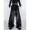 ZYLLO Y2K Streetwear Red Pu Leather Patchwork Baggy Jeans Pants For Men Designer Clothes Wide Leg Loose Denim Trousers