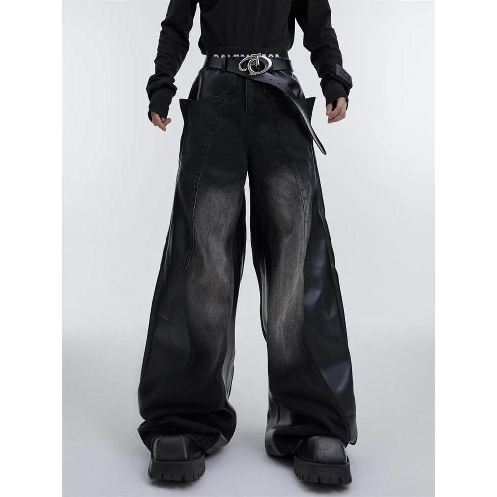 ZYLLO Y2K Streetwear Red Pu Leather Patchwork Baggy Jeans Pants For Men Designer Clothes Wide Leg Loose Denim Trousers