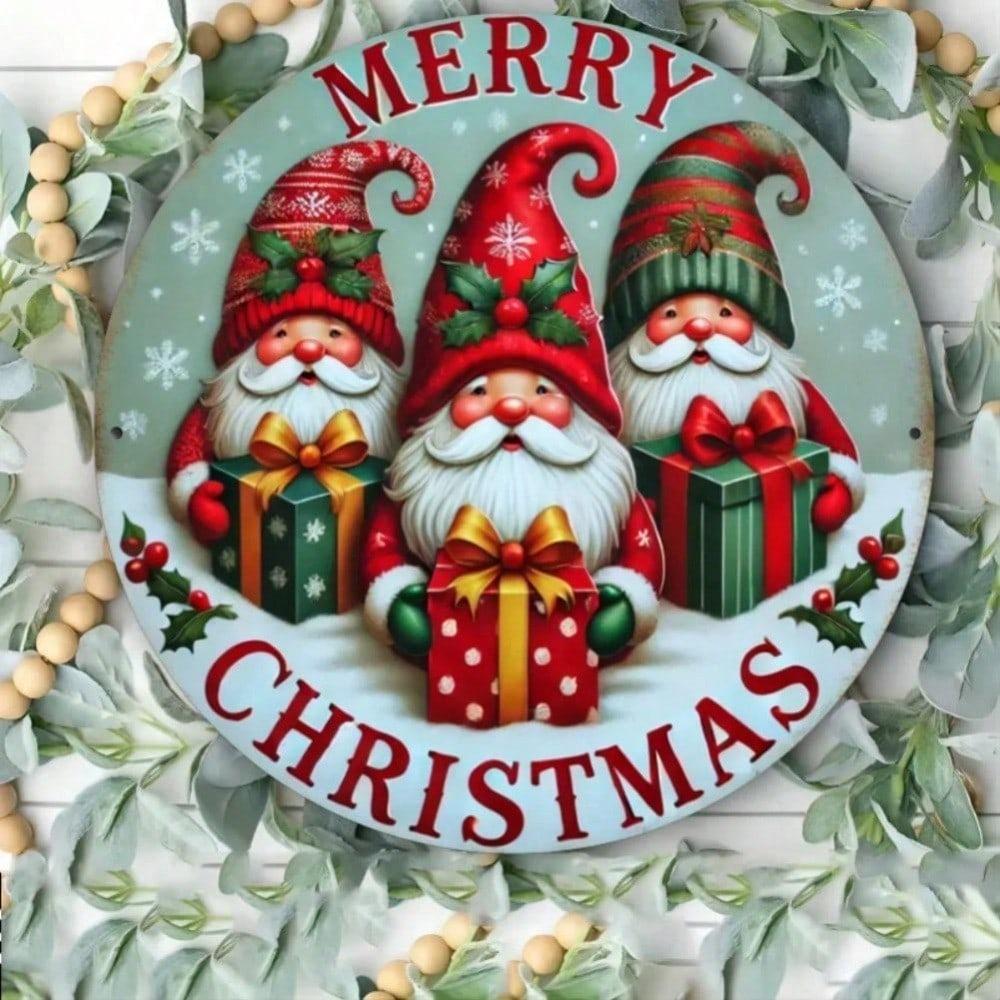 3D Christmas Gnomes Round Metal Wall Sign, Rustproof Waterproof Home Decor Art for Living Room Bedroom Kitchen Bathroom