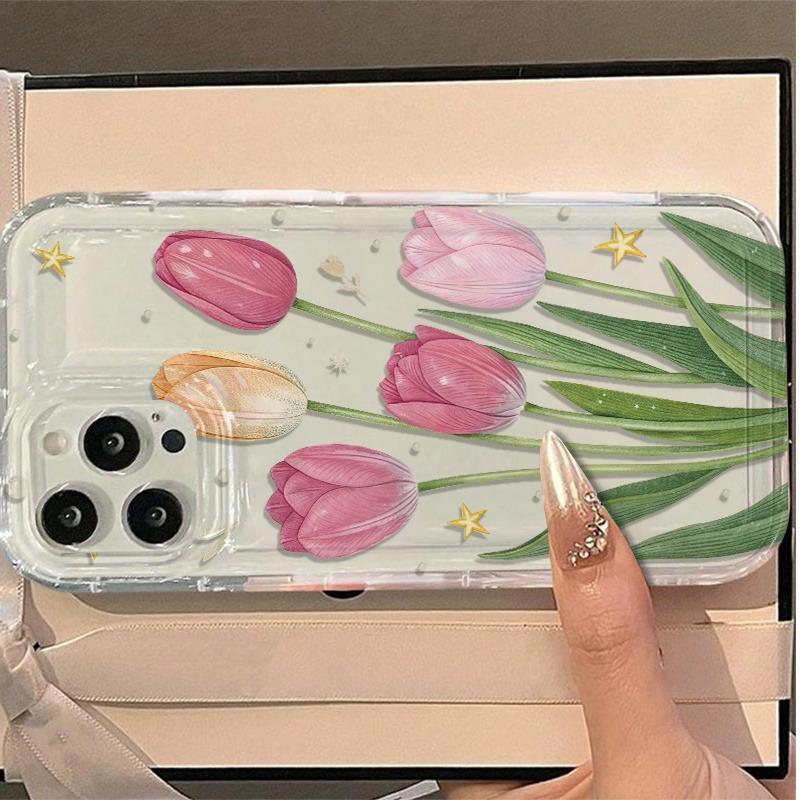 Korea INS Tulip Flower Pattern Phone Case For iPhone 17 16 15 14 13 12 11 Pro Max X XS XR XS MAX 16E 17Air Anti-fall Soft Cover