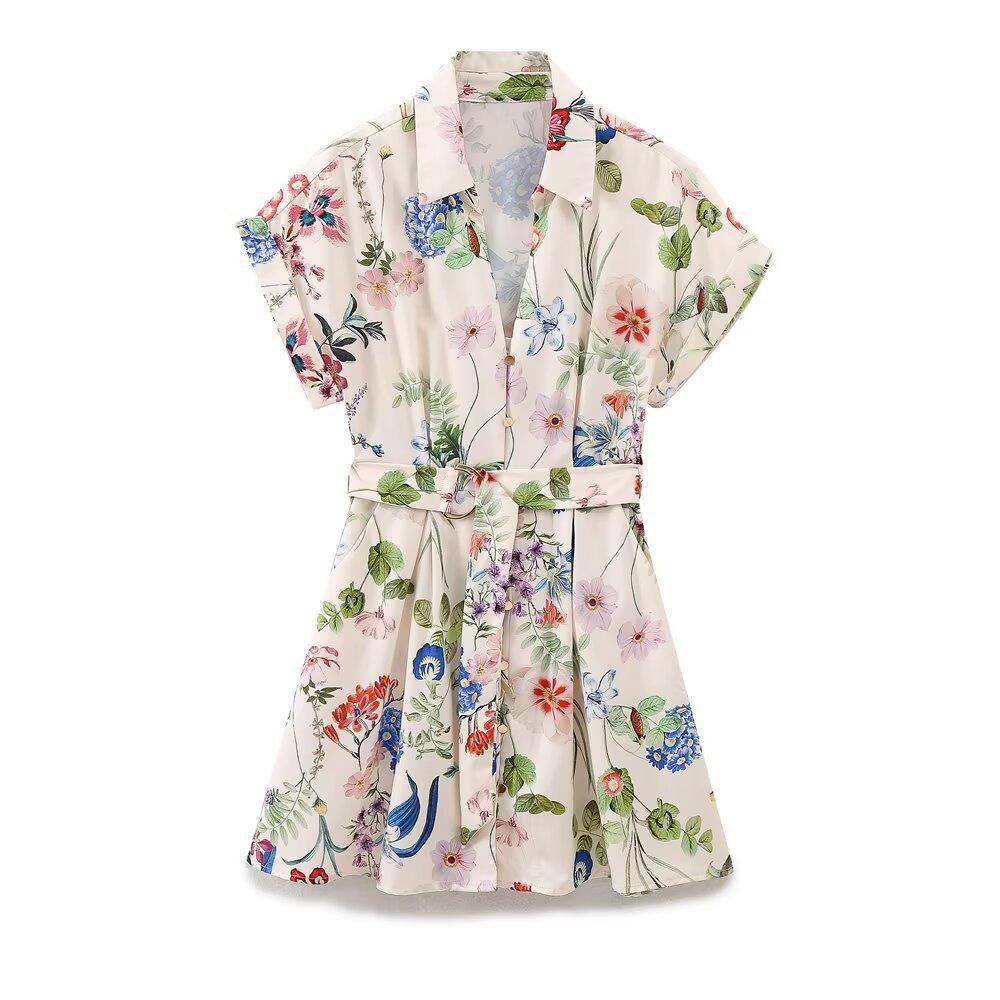 

Spring/Summer 2025 Women s Floral Print Silk Satin Slim-Fit Lapel Dress Large цветочный