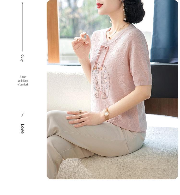 2026 Ice Silk Short-Sleeve Top: Fashionable Summer Blouse for Middle-Aged and Elderly Women
