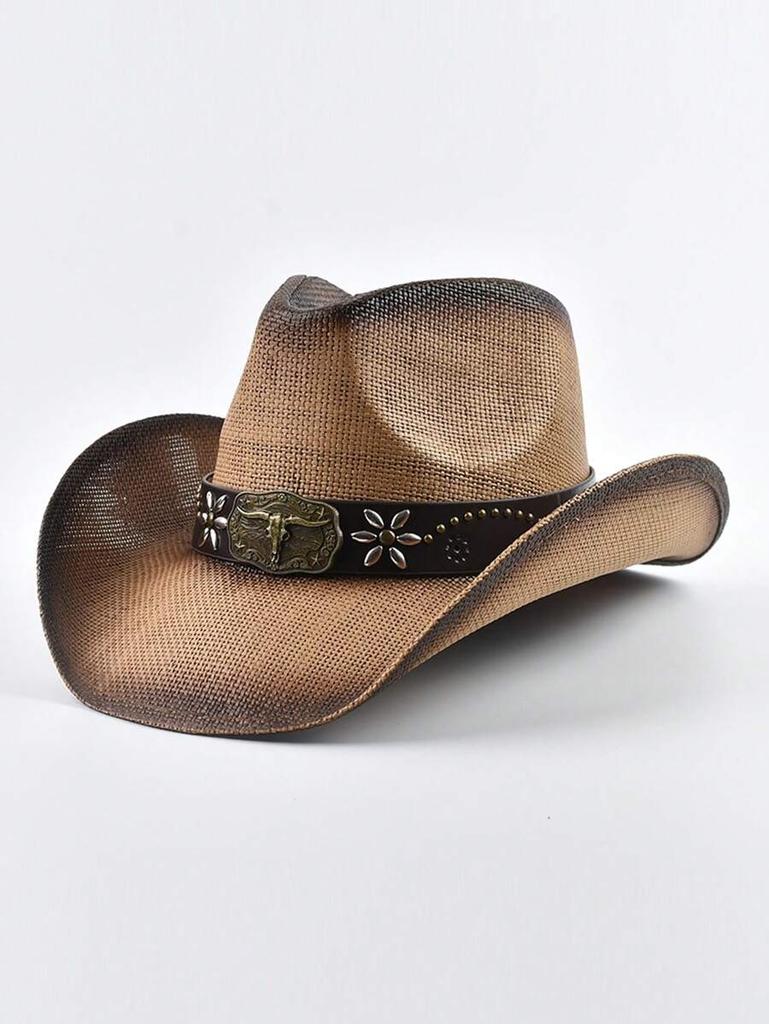 Western Style Straw Cowboy Hat With Decorative Belt Summer Sun Hat Beach Vacation Cap