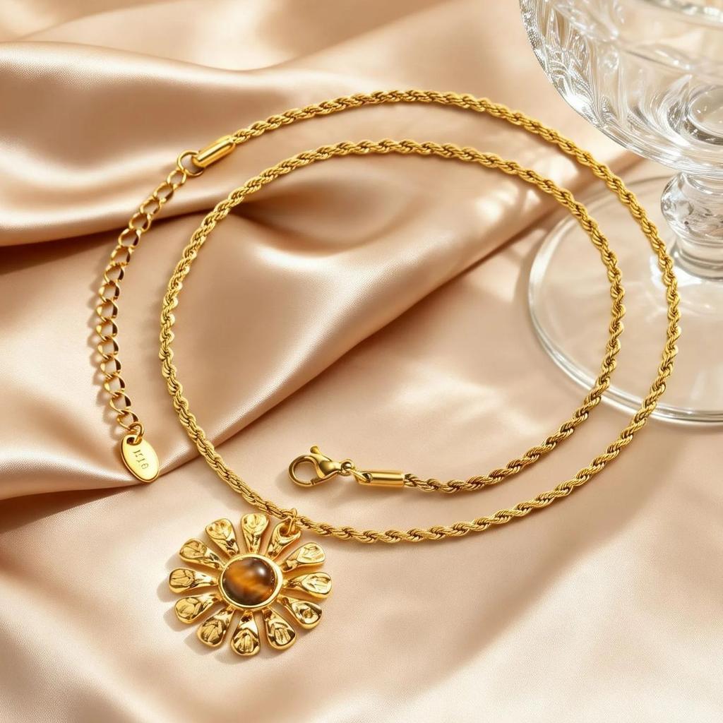 Fashion Gold Plated Flower Pendant Necklace for Women Round Natural Tiger Eye Stone Stainless Steel Necklace Waterproof Jewelry