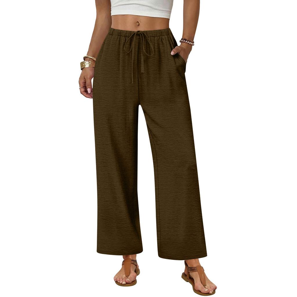 Women's Fashionable Wide-Leg Drawstring Pocket Plain Loose-Fit Cropped Casual Trousers