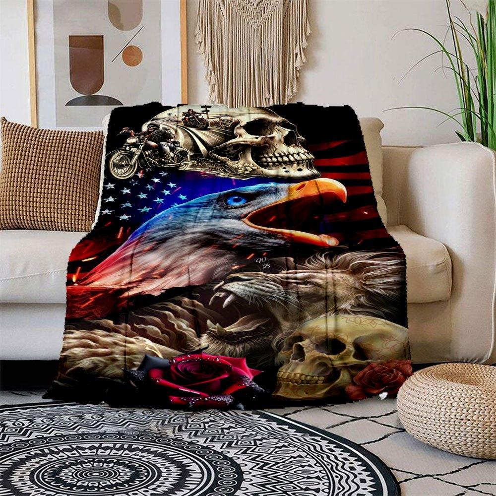 

American Spirit: Eagle, Lion, Motorcycle Biker Art Print Blanket Flannel Throw Blanket for Sofa, Bed, Travel, Camping, Office 100x150cm