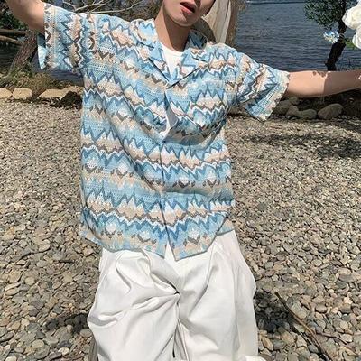 Men Blue Beige Zigzag Print Cuban Collar Short Sleeve Shirt