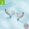 Elegant Retro Turquoise Feather Stud Earrings For Women, Charm Temperament S925 Sterling Silver Wing Earrings