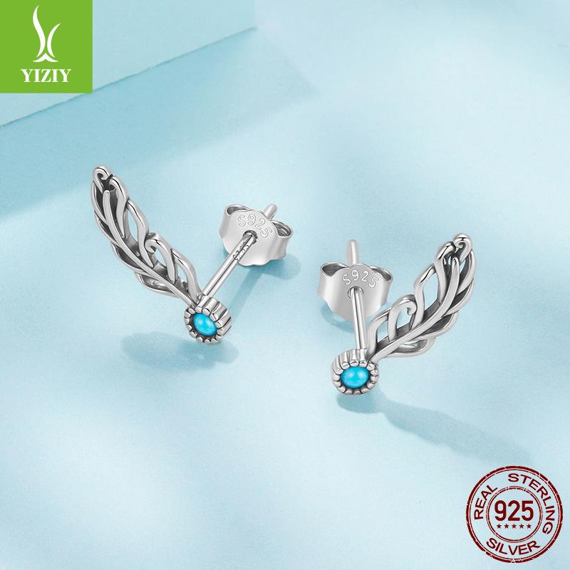 Elegant Retro Turquoise Feather Stud Earrings For Women, Charm Temperament S925 Sterling Silver Wing Earrings