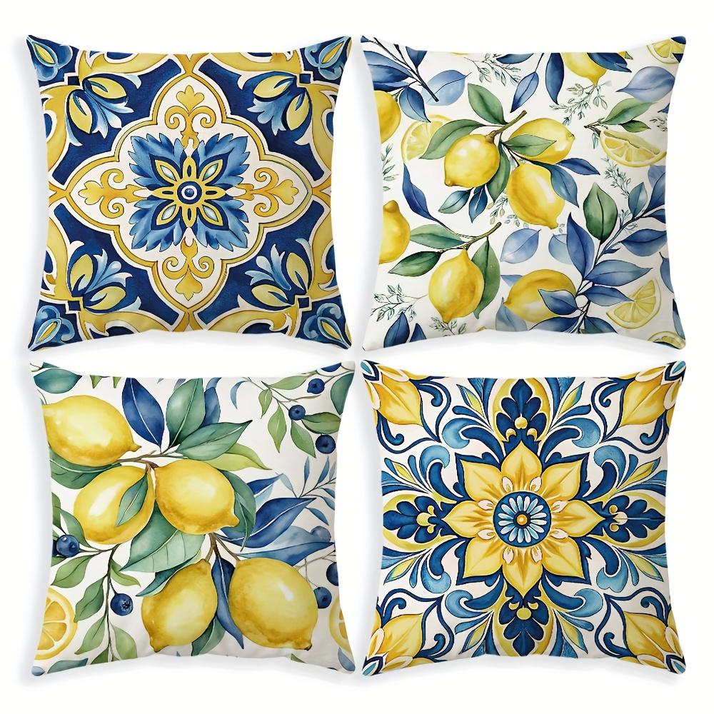 Bohemian Lemon Geometric Pillow Covers Blue Pattern Cushion Covers Zippered For Sofa Living Room Outdoor Home Decor Style