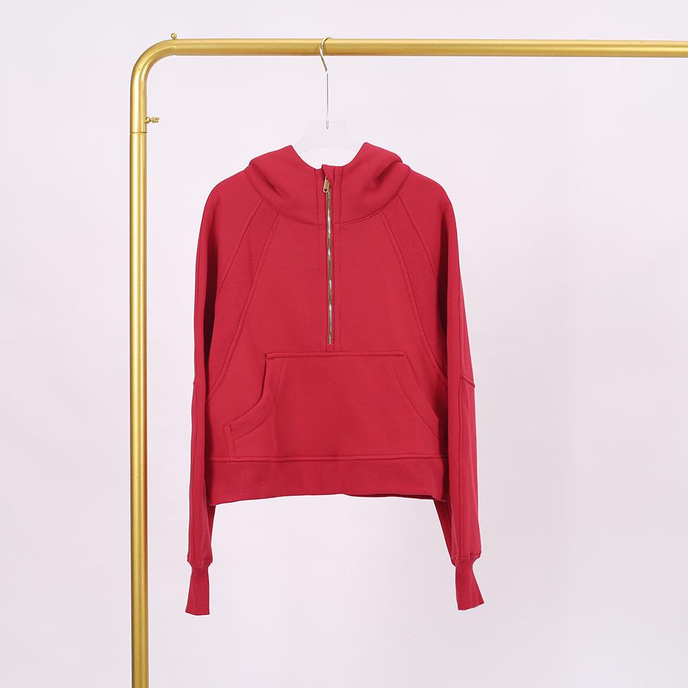 LULU Women's Hooded Half-Zip Terry Cloth Sweatshirt with Gold Logo & Zipper, Plus Velvet Yoga Wear