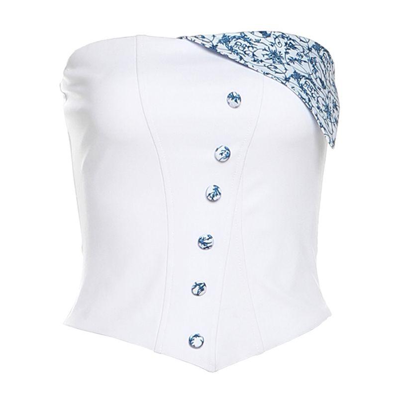 

# Sisjuly# New Chinese Style Fake Antique Blue and White Contrast Color Stylish Asymmetrical Tube Top Women s Easiest for Match Tight Waist Vest White L
