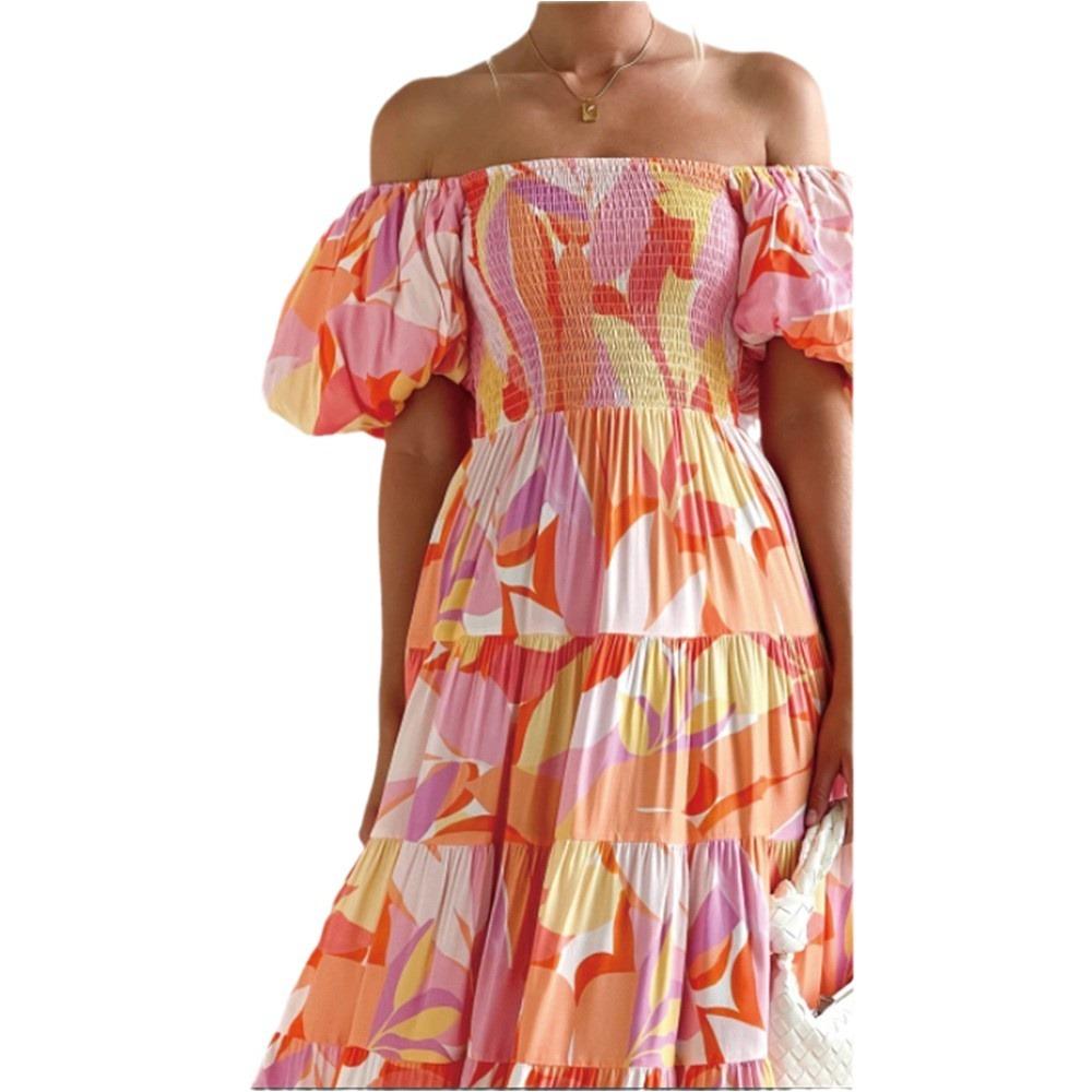 European And American Women'S Clothing Bohemian Print One-Word Shoulder Holiday Style Sexy Loose Dress High Waist And Thin
