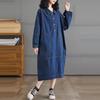 Women Casual Long Dress Turn-down Collar Solid Color Loose Female Denim Dresses