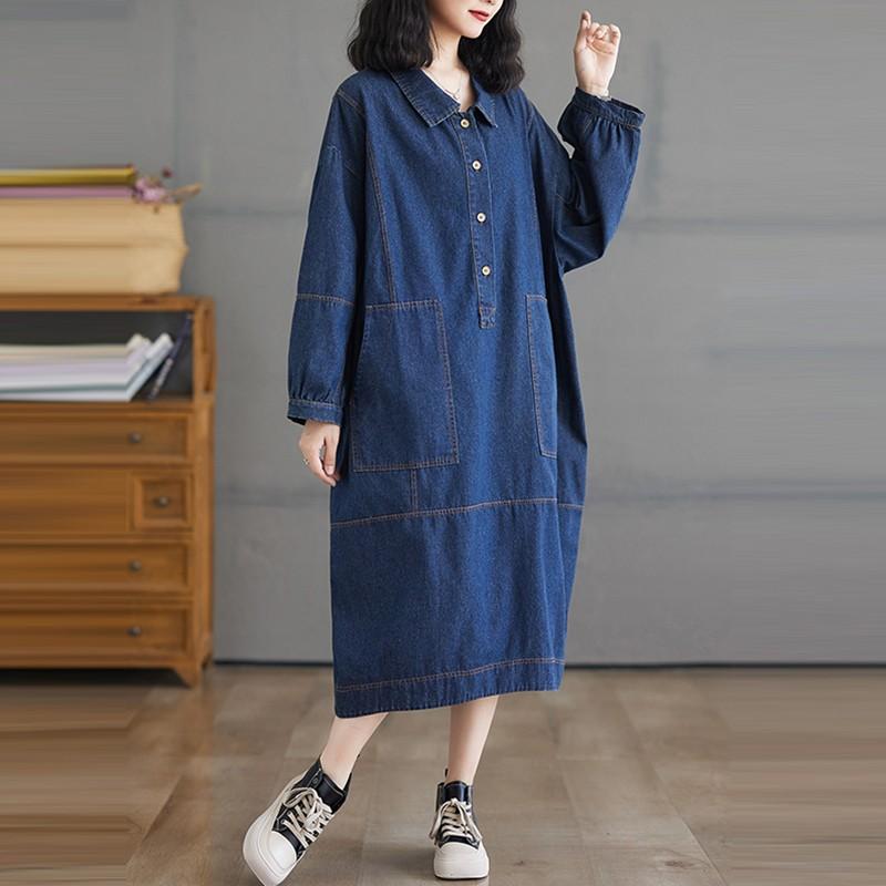 Women Casual Long Dress Turn-down Collar Solid Color Loose Female Denim Dresses