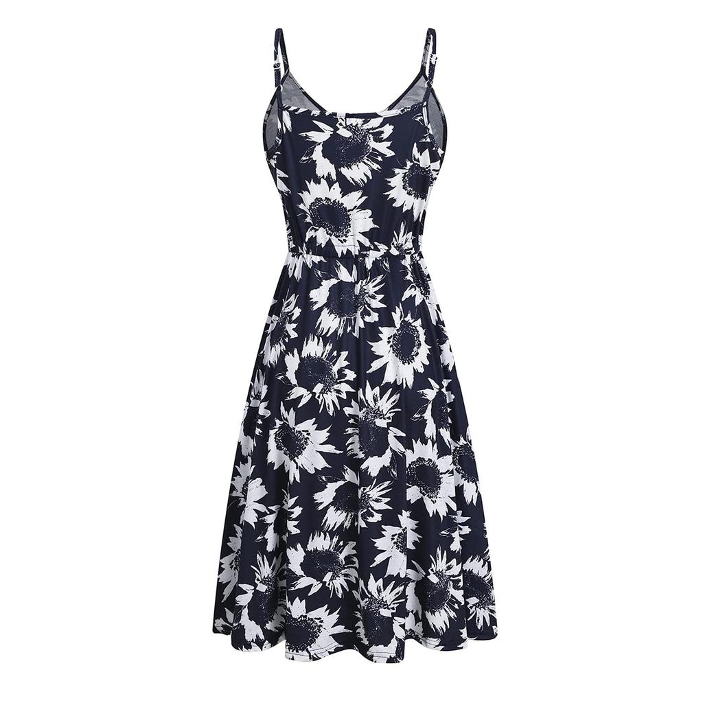 Ladies Casual Summer Cotton Sleeveless Spaghetti Strap Adjustable Waist Sundress