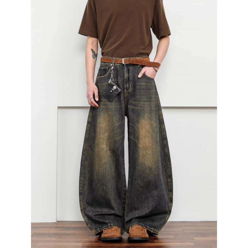 JYL Unisex Wide-Leg Jeans American Vintage Mud Dyed Whisker Bootcut Baggy Denim