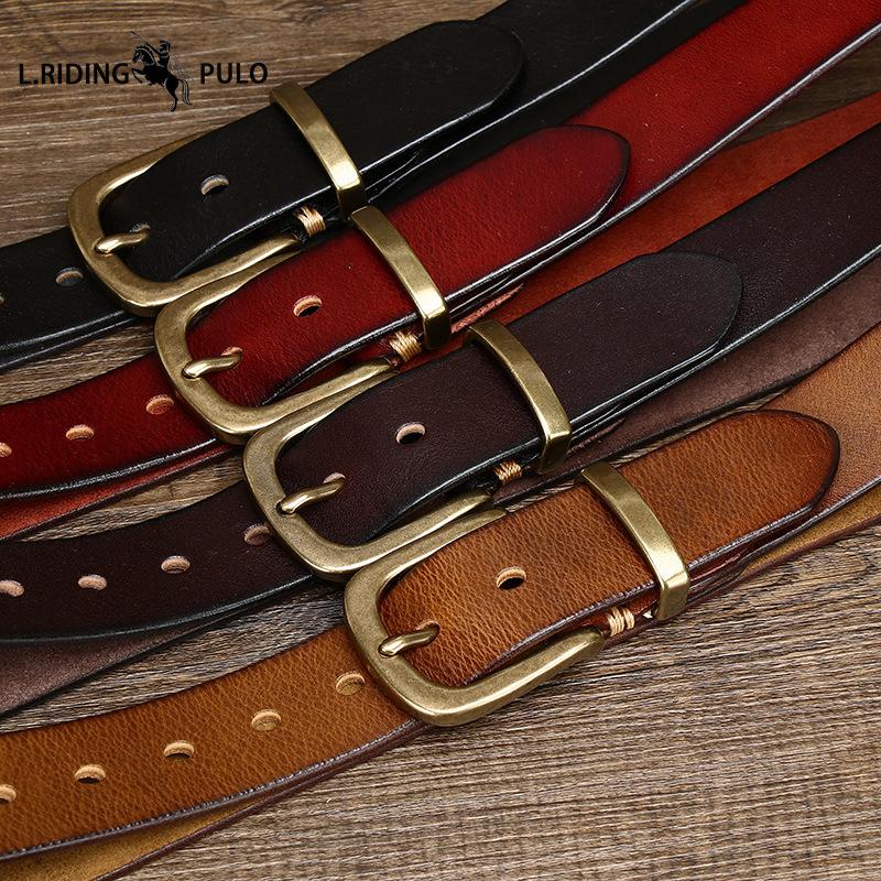 Ceinture en Cuir Véritable Cuir de Vachette Grain Supérieur Lavé Rétro pour Homme avec Boucle en Laiton, Nouvelle Ceinture Tendance Style Coréen