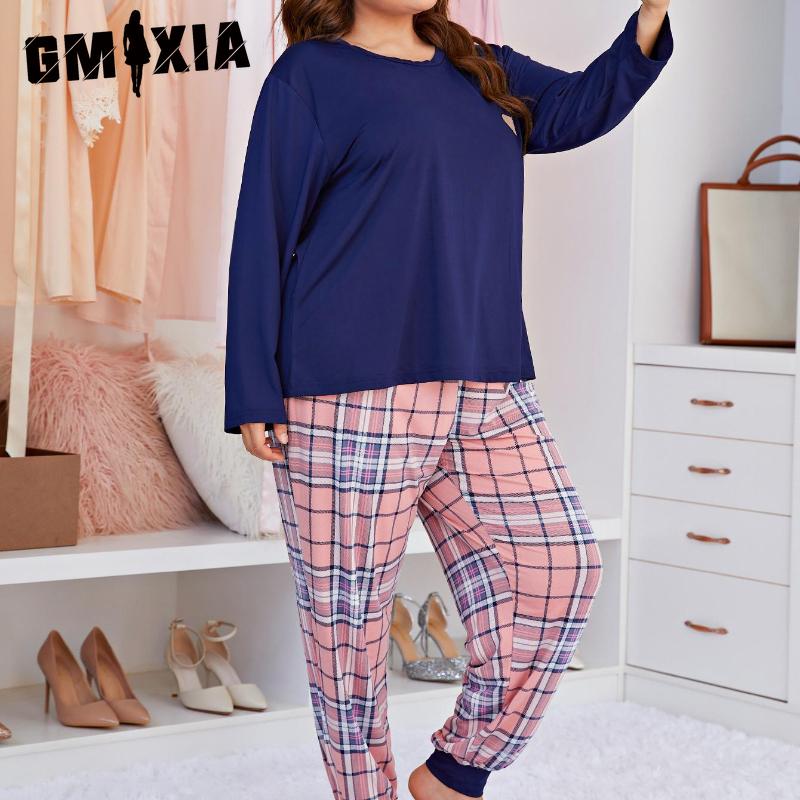 GMXIA Women's Pajamas Printed Large Size Long Sleeve Two Piece Homewear Set