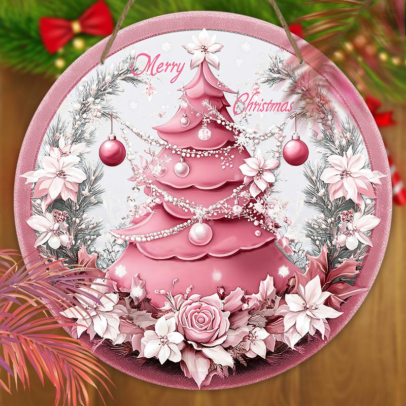Wooden Pink Christmas Sign, Merry Christmas Round Ornament for Front Door Wall Hanging Decor, Ideal Christmas Gift