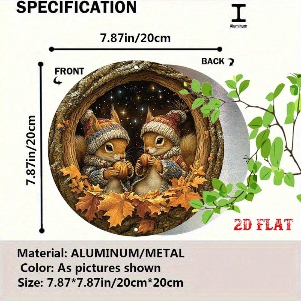 [Upgraded 2D Flat] 1pc Round Aluminum Sign Winter Squirrel Nut Rustic Metal Wall Art Home Decor 7.87x7.87 Inch