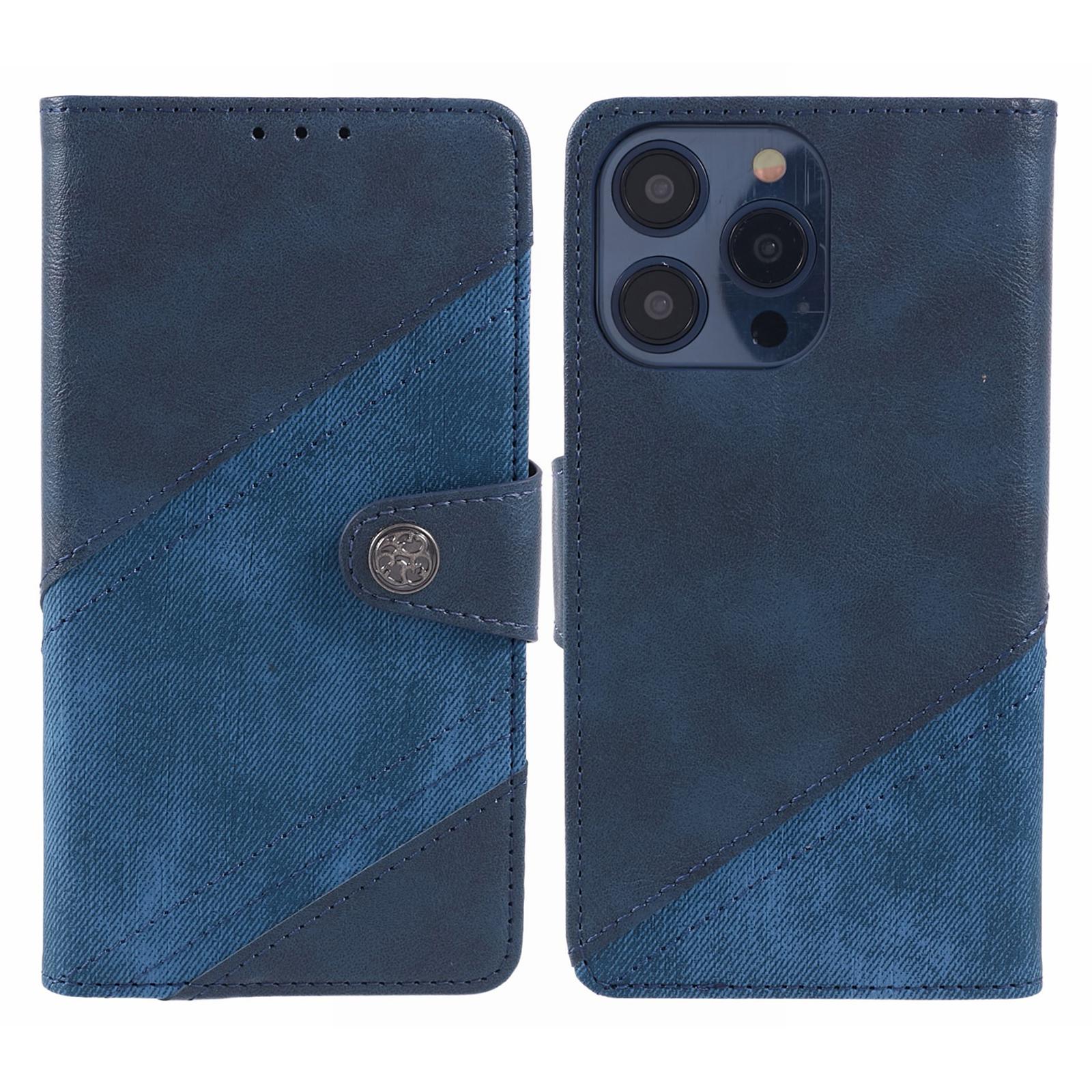 

For iPhone 16 Pro Max Case Flip Stand Leather Splicing Phone Cover Dark Blue
