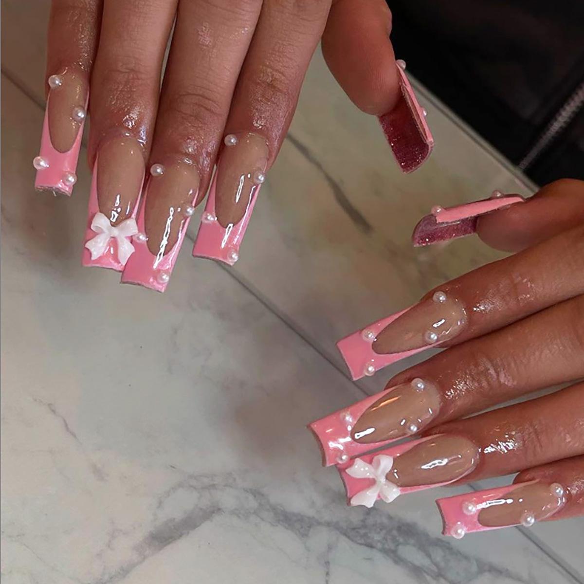 

Elegant Long Pink French Bow Pearl False Nail Tips Glue Style
