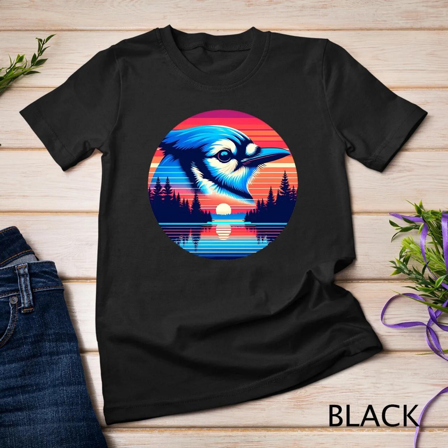 Blue Jay Bird Sunset Retro Style Safari Vintage 70s T Shirt S
